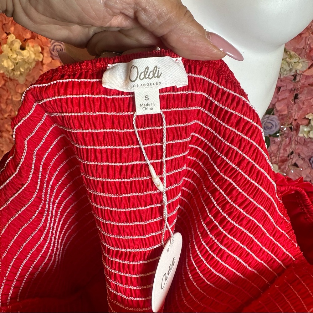 ODDI Red Puff-Sleeve Smocked Midi Dress NWT - Picture 6 of 8
